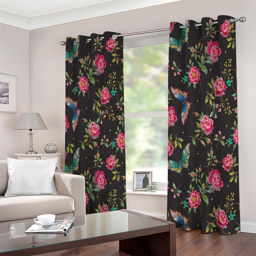 Butterfly And Flower Pattern Print Extra Wide Grommet Curtains