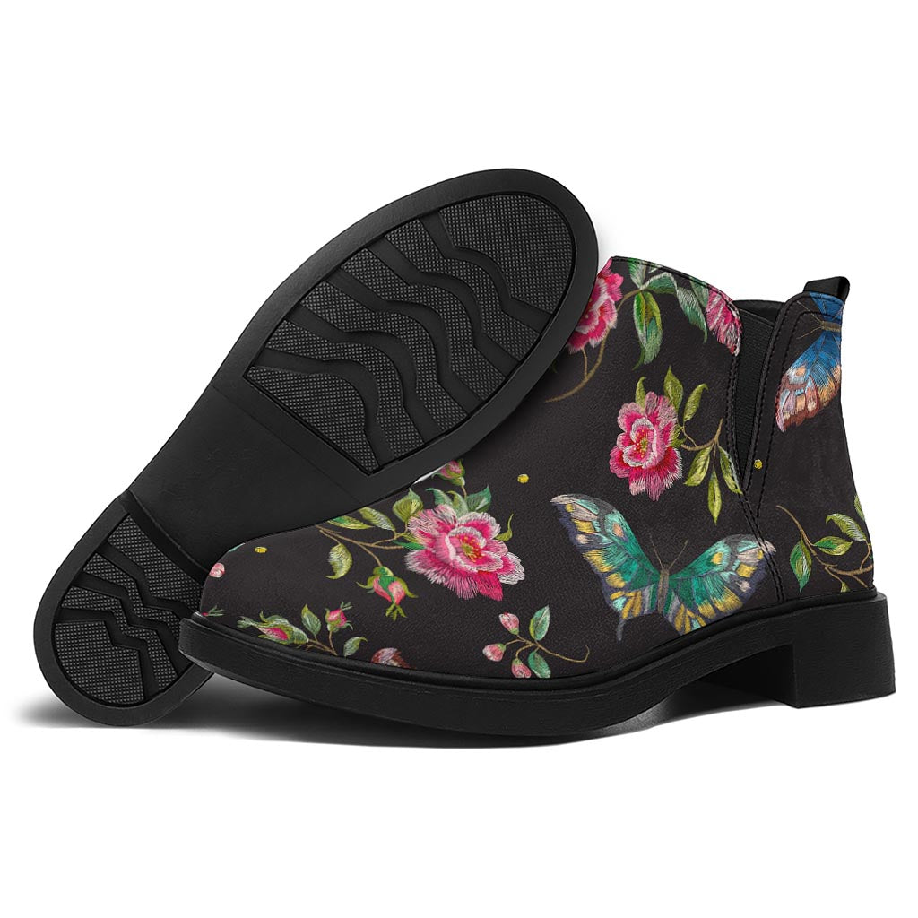 Butterfly And Flower Pattern Print Flat Ankle Boots