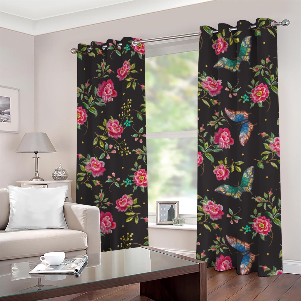 Butterfly And Flower Pattern Print Grommet Curtains