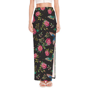 Butterfly And Flower Pattern Print High Slit Maxi Skirt