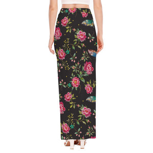 Butterfly And Flower Pattern Print High Slit Maxi Skirt