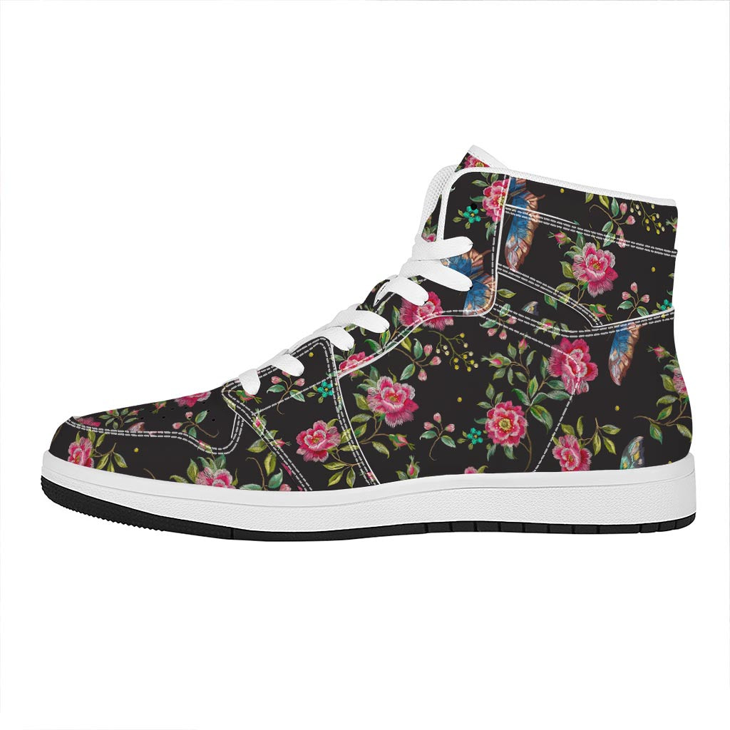 Butterfly And Flower Pattern Print High Top Leather Sneakers
