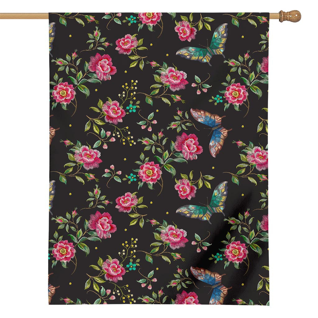 Butterfly And Flower Pattern Print House Flag