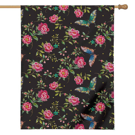 Butterfly And Flower Pattern Print House Flag
