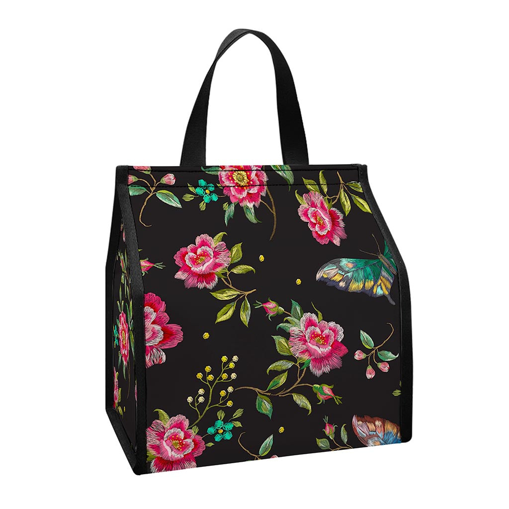 Butterfly And Flower Pattern Print Insulated Lunch Tote