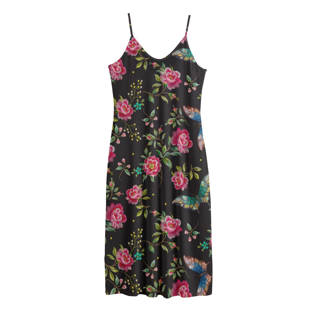 Butterfly And Flower Pattern Print Jersey Midi Cami Dress