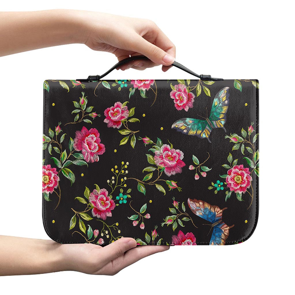 Butterfly And Flower Pattern Print Leather Bible Cover
