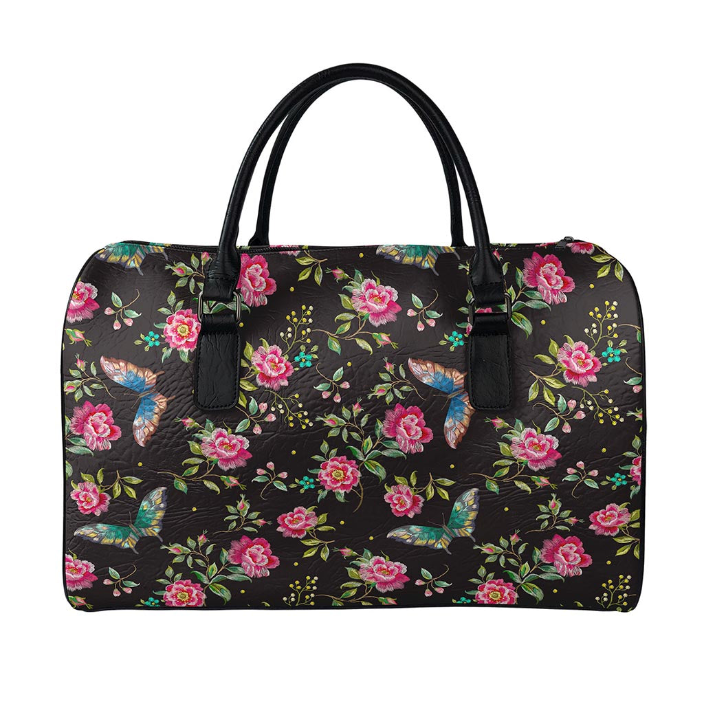 Butterfly And Flower Pattern Print Leather Duffle Bag