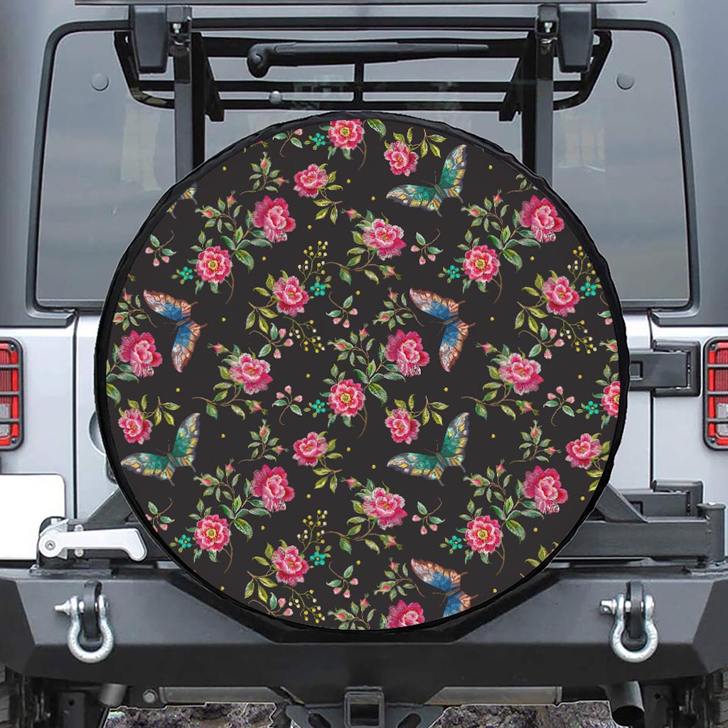 Butterfly And Flower Pattern Print Leather Spare Tire Cover