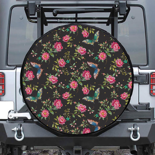 Butterfly And Flower Pattern Print Leather Spare Tire Cover