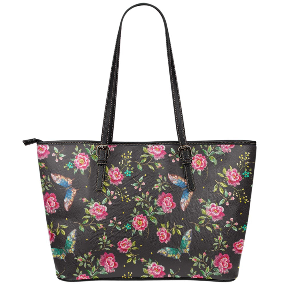 Butterfly And Flower Pattern Print Leather Tote Bag