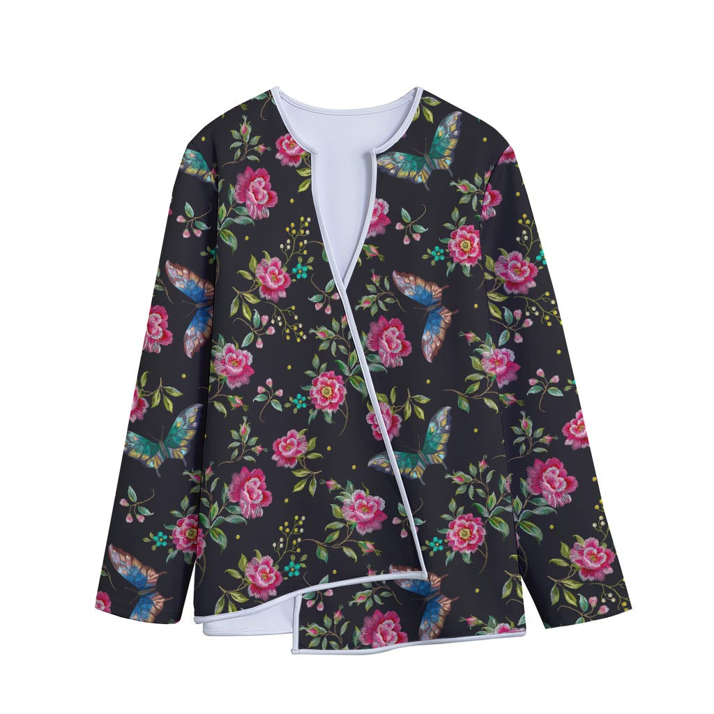 Butterfly And Flower Pattern Print Long Sleeve Short Coat