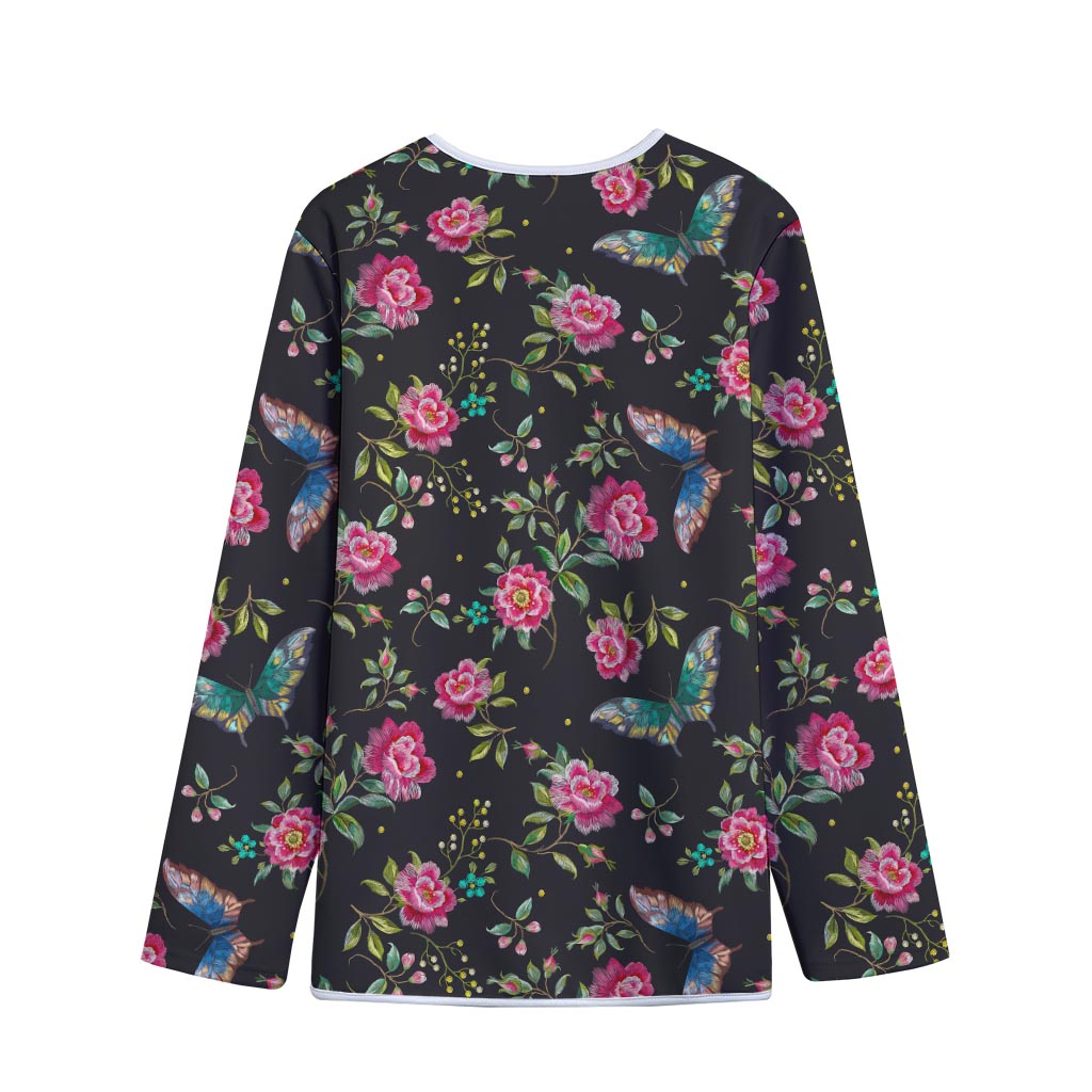 Butterfly And Flower Pattern Print Long Sleeve Short Coat