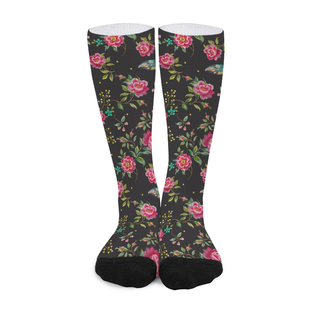 Butterfly And Flower Pattern Print Long Socks