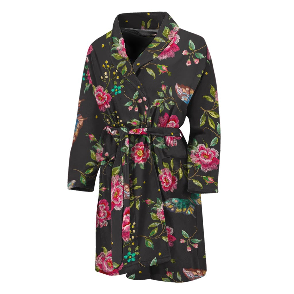 Butterfly And Flower Pattern Print Men's Bathrobe