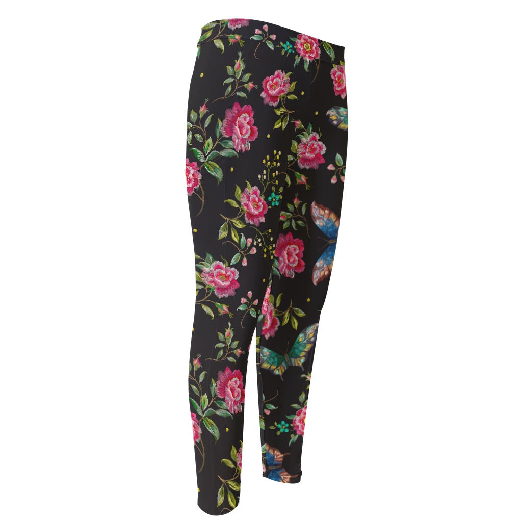 Butterfly And Flower Pattern Print Men's Compression Pants