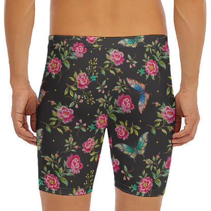 Butterfly And Flower Pattern Print Men's Long Boxer Briefs