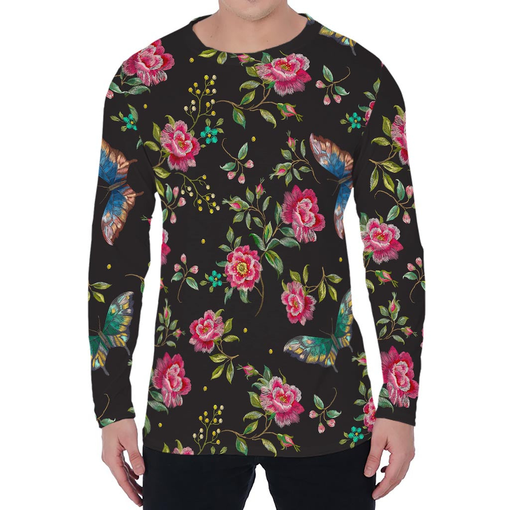 Butterfly And Flower Pattern Print Men's Long Sleeve T-Shirt