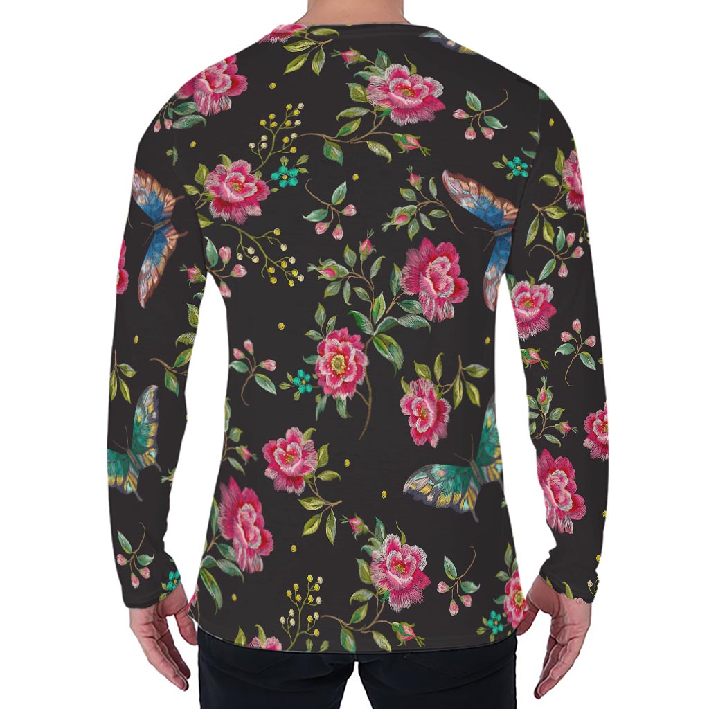 Butterfly And Flower Pattern Print Men's Long Sleeve T-Shirt