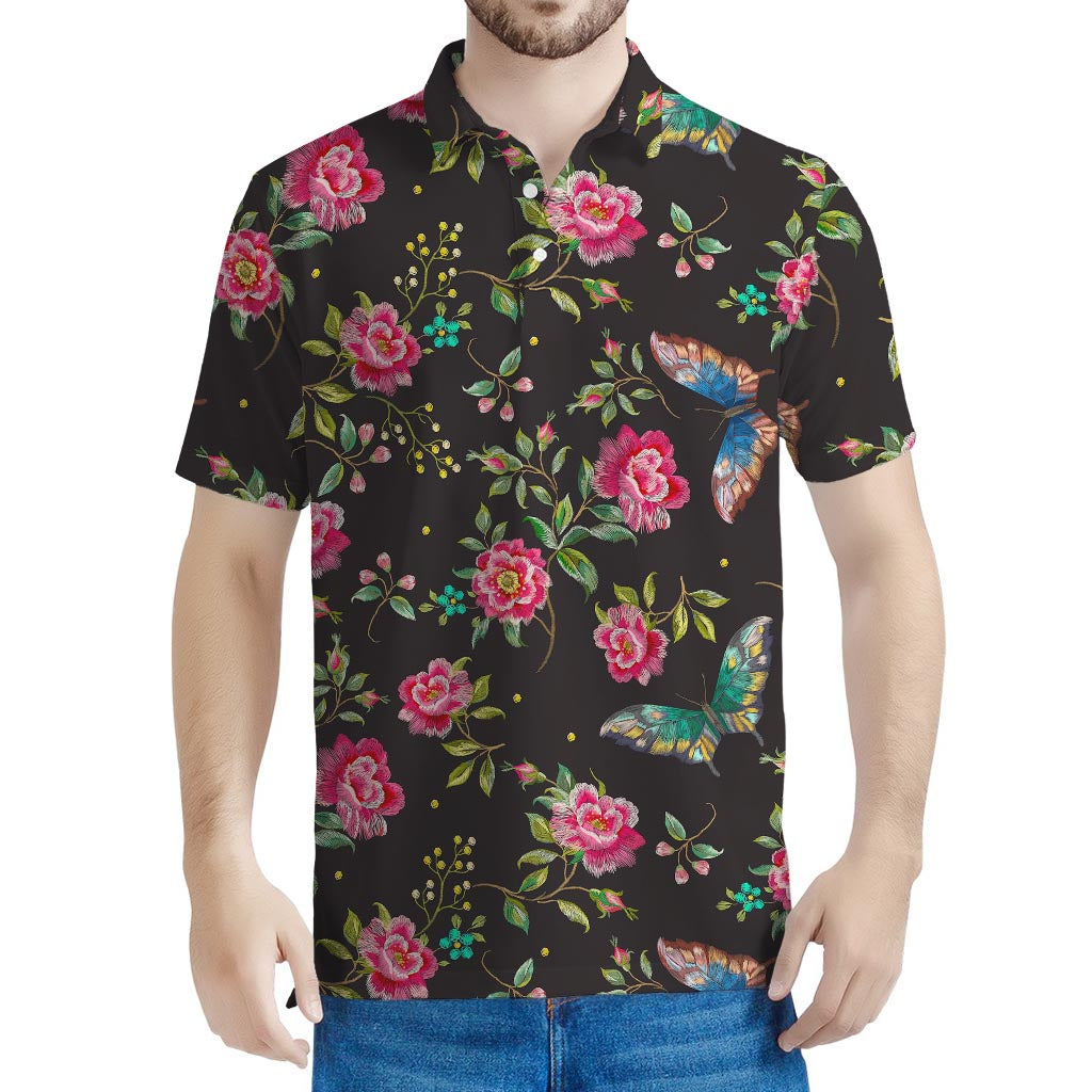 Butterfly And Flower Pattern Print Men's Polo Shirt