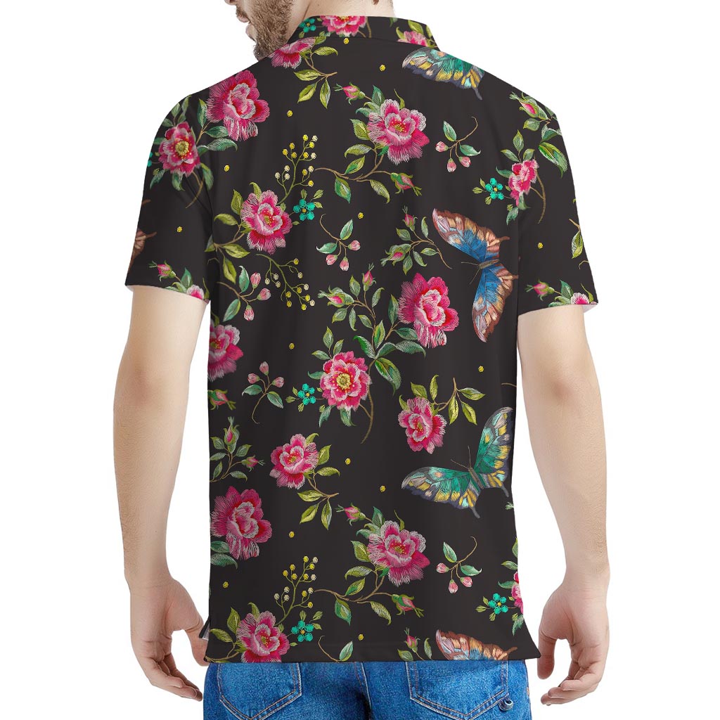 Butterfly And Flower Pattern Print Men's Polo Shirt