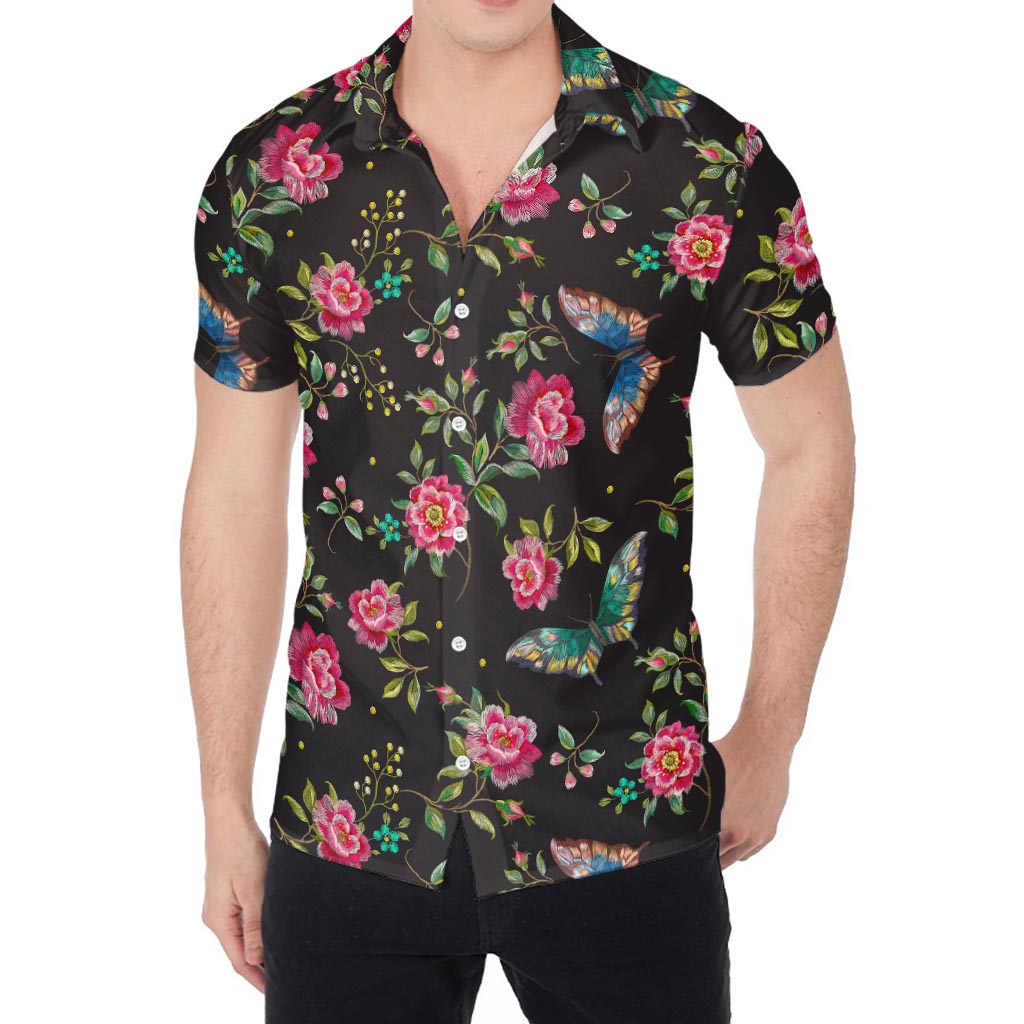 Butterfly And Flower Pattern Print Men's Shirt