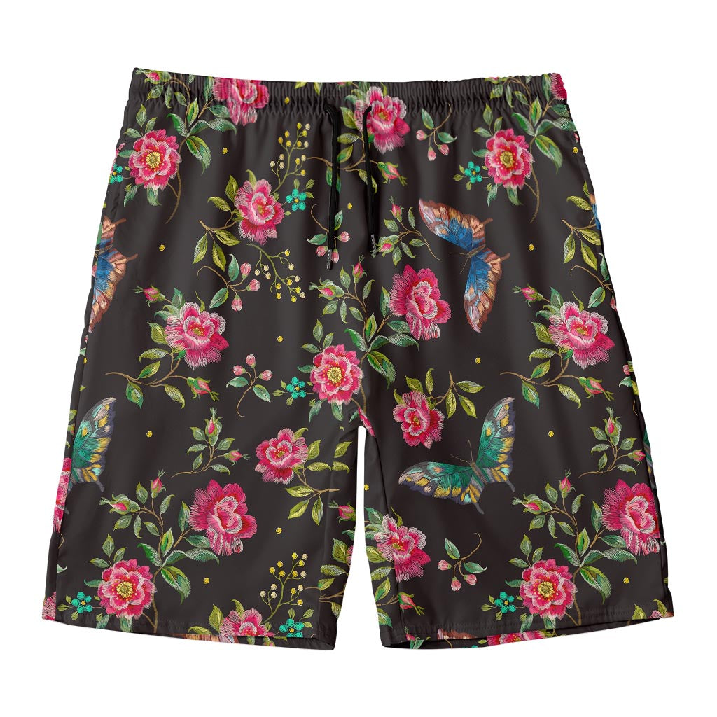 Butterfly And Flower Pattern Print Men's Swim Trunks