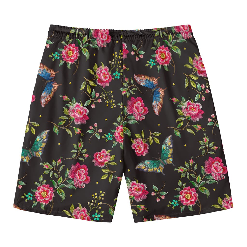 Butterfly And Flower Pattern Print Men's Swim Trunks