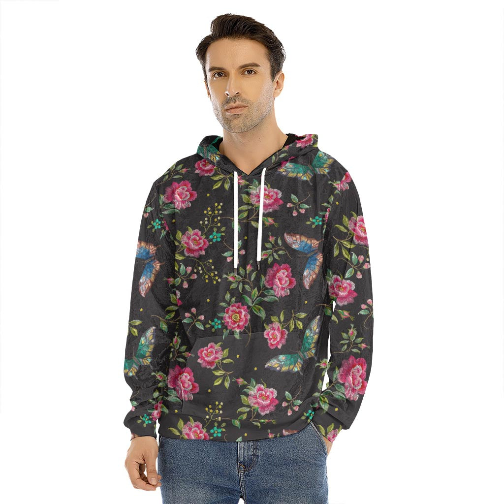 Butterfly And Flower Pattern Print Men's Velvet Pullover Hoodie