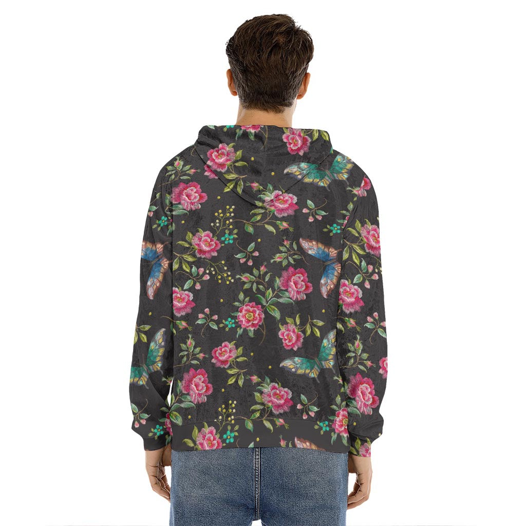 Butterfly And Flower Pattern Print Men's Velvet Pullover Hoodie