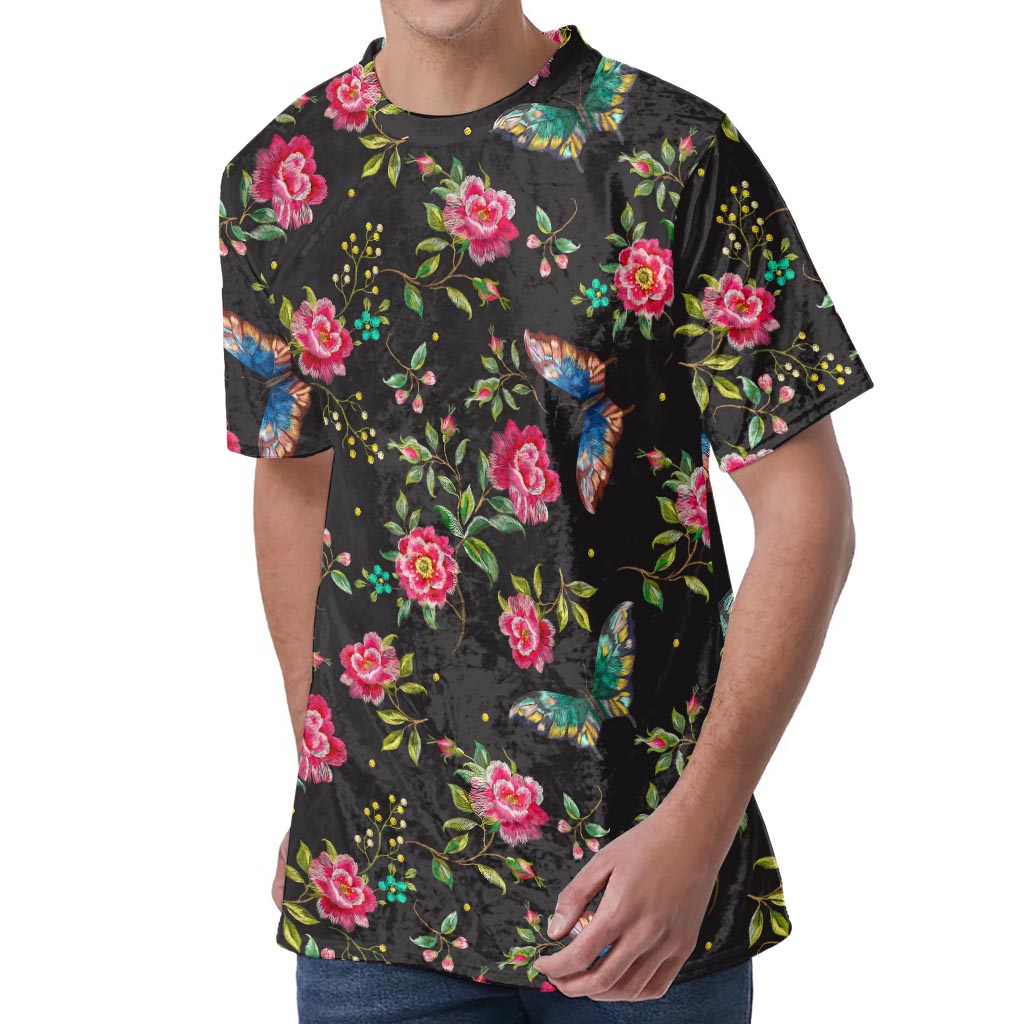 Butterfly And Flower Pattern Print Men's Velvet T-Shirt