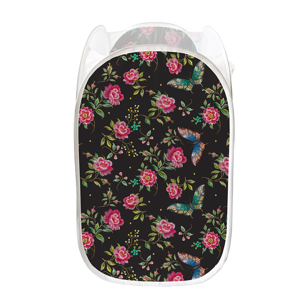 Butterfly And Flower Pattern Print Mesh Laundry Hamper