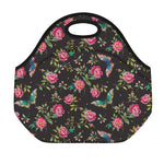 Butterfly And Flower Pattern Print Neoprene Lunch Bag