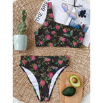 Butterfly And Flower Pattern Print One Shoulder Bikini Top