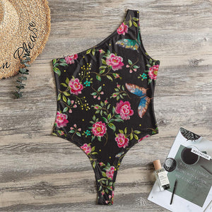 Butterfly And Flower Pattern Print One Shoulder Bodysuit