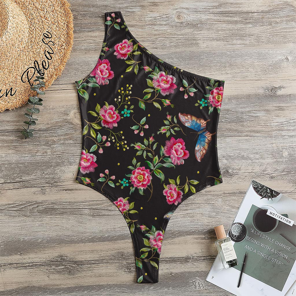 Butterfly And Flower Pattern Print One Shoulder Bodysuit