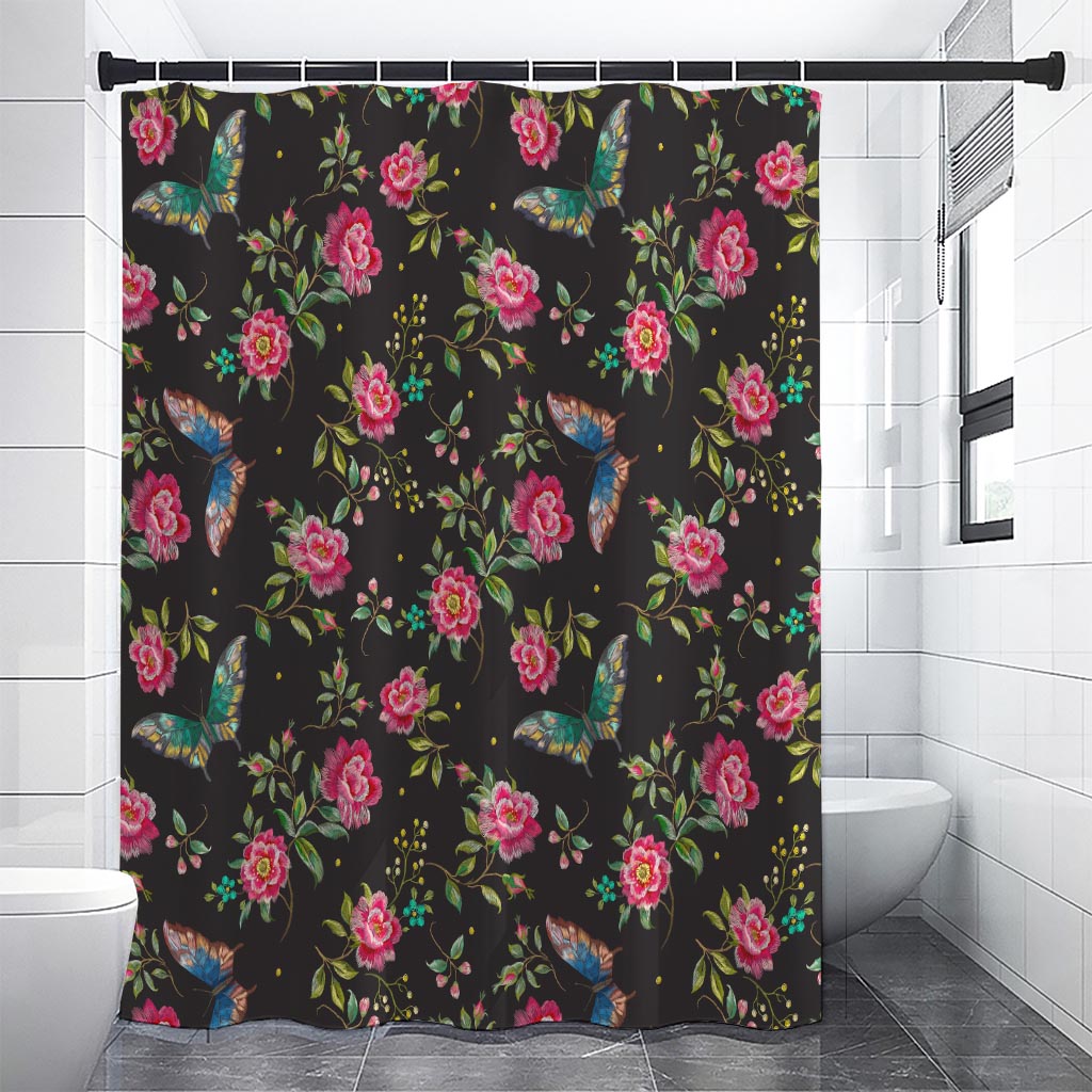 Butterfly And Flower Pattern Print Premium Shower Curtain