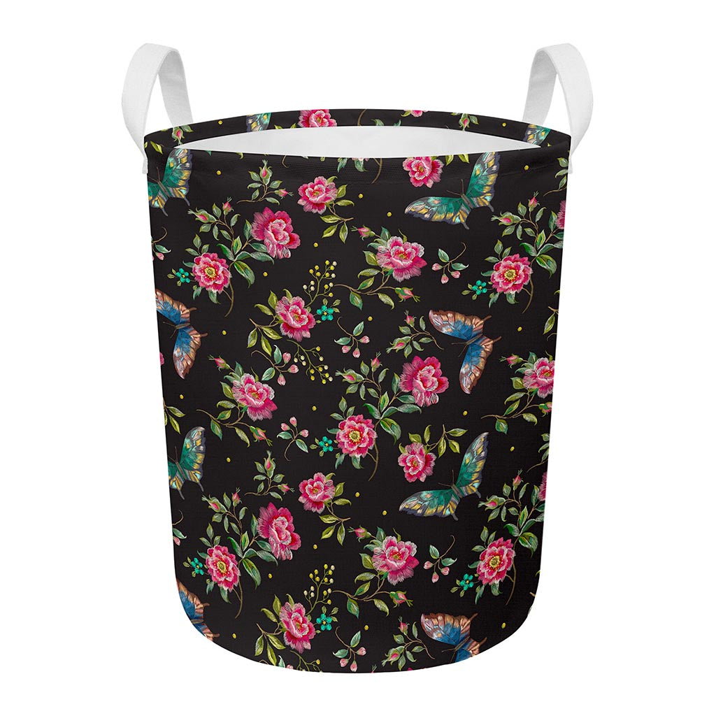 Butterfly And Flower Pattern Print Round Laundry Basket