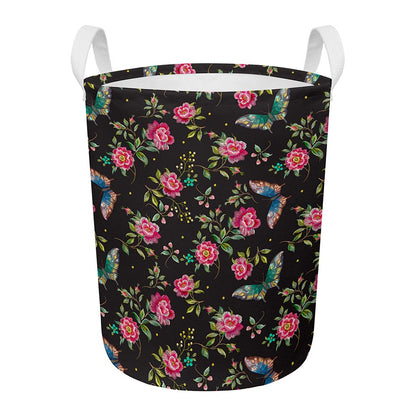 Butterfly And Flower Pattern Print Round Laundry Basket