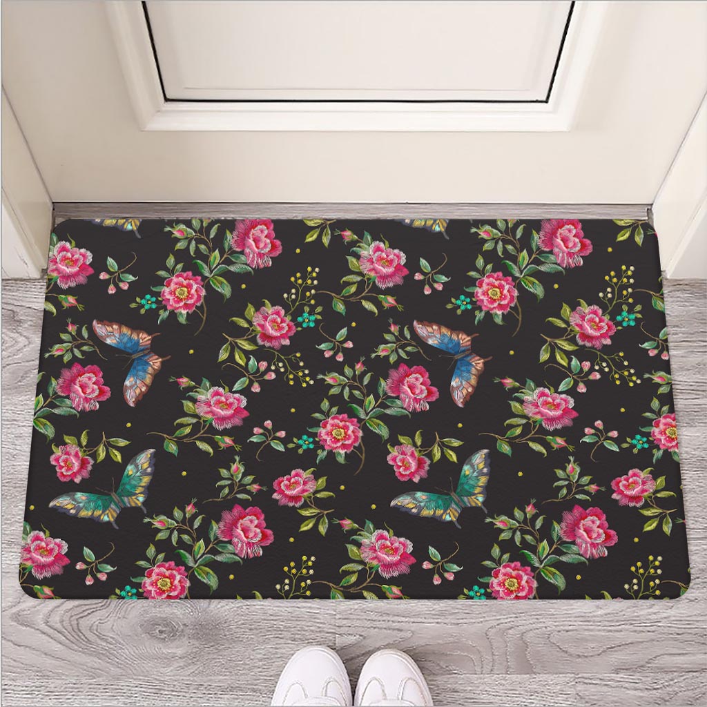 Butterfly And Flower Pattern Print Rubber Doormat