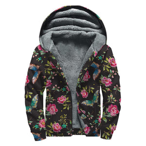 Butterfly And Flower Pattern Print Sherpa Lined Zip Up Hoodie