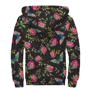 Butterfly And Flower Pattern Print Sherpa Lined Zip Up Hoodie