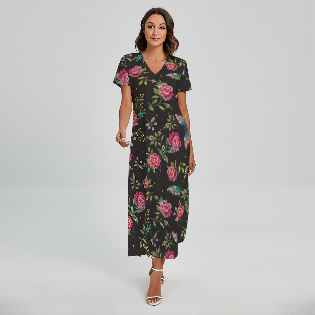 Butterfly And Flower Pattern Print Short Sleeve Maxi Dress