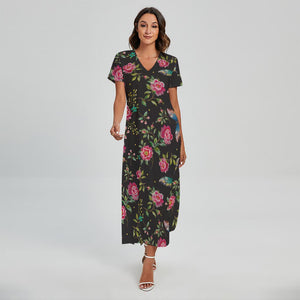 Butterfly And Flower Pattern Print Short Sleeve Maxi Dress