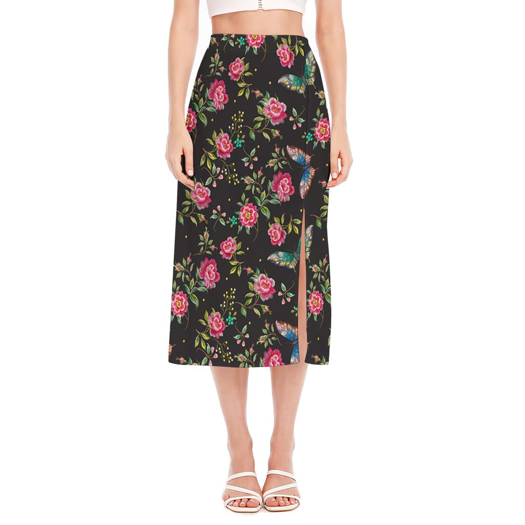 Butterfly And Flower Pattern Print Side Slit Midi Skirt