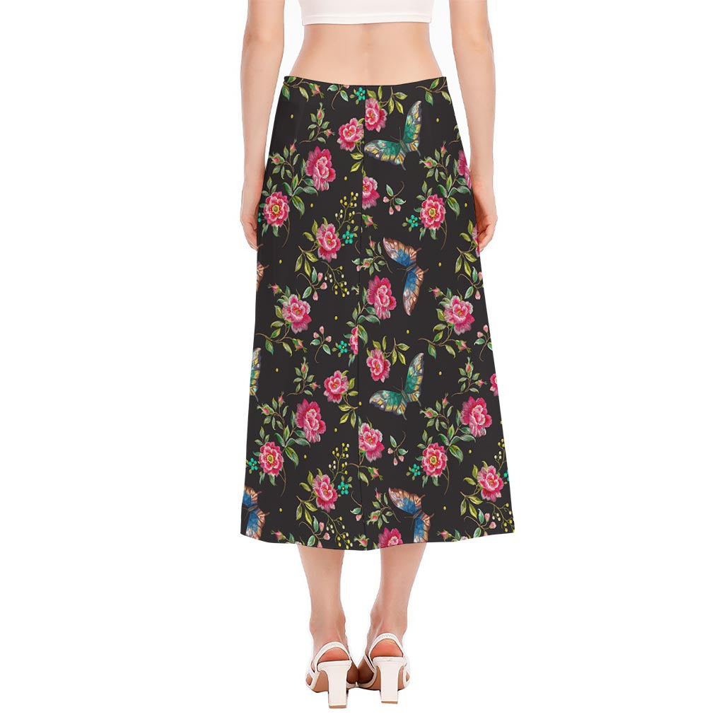 Butterfly And Flower Pattern Print Side Slit Midi Skirt