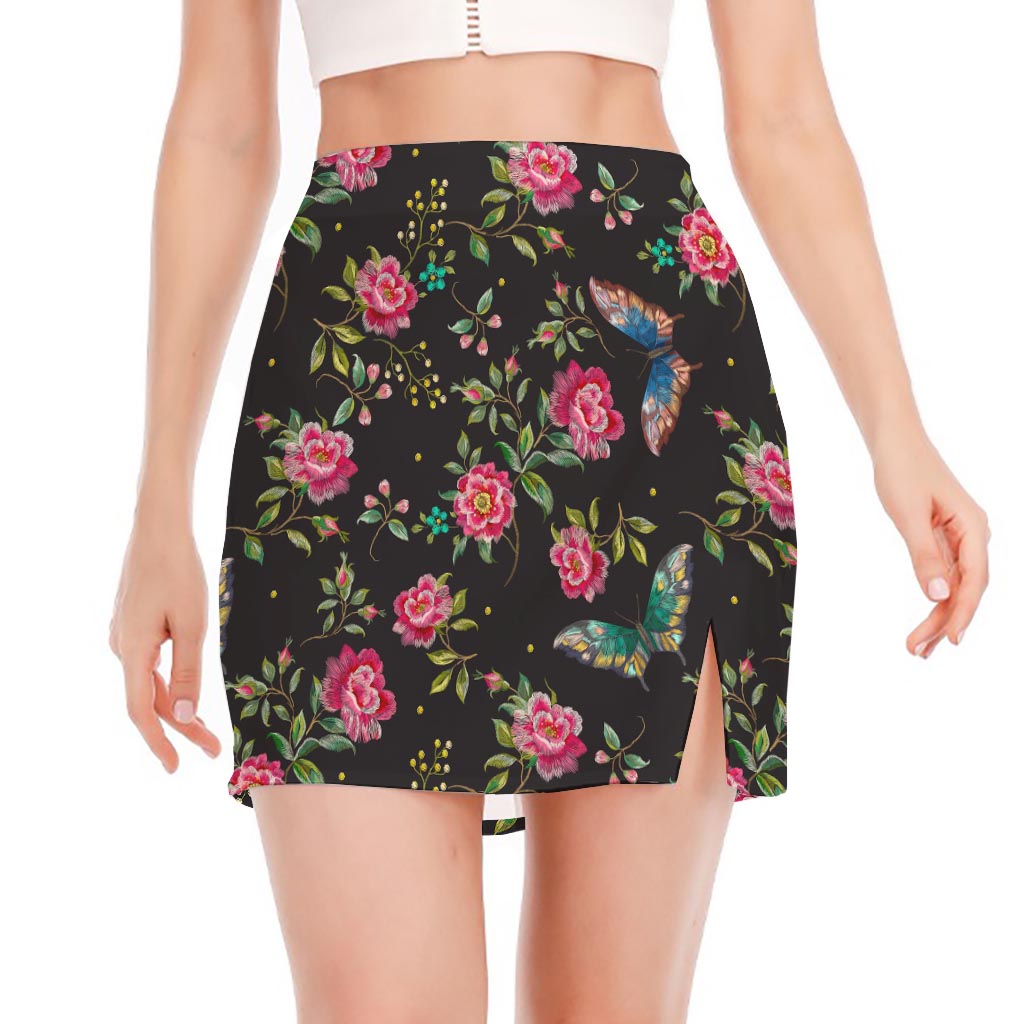 Butterfly And Flower Pattern Print Side Slit Mini Skirt