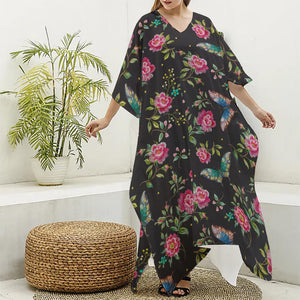 Butterfly And Flower Pattern Print Silk V-Neck Kaftan Dress