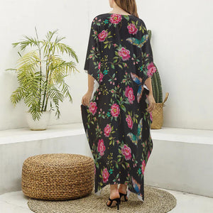 Butterfly And Flower Pattern Print Silk V-Neck Kaftan Dress