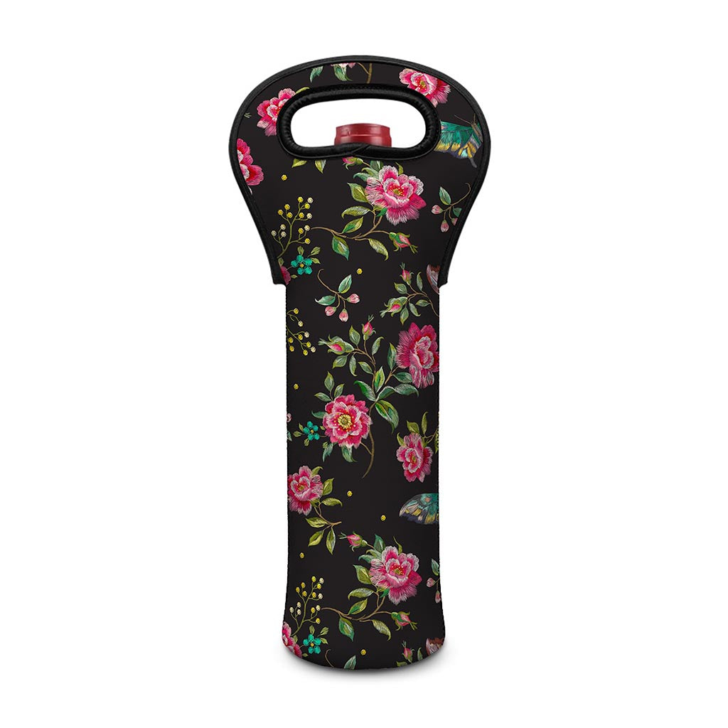 Butterfly And Flower Pattern Print Single Neoprene Wine Tote